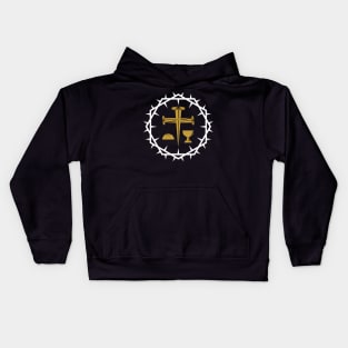 A cross made of nails, symbols of Holy Communion framed by a crown of thorns. Kids Hoodie